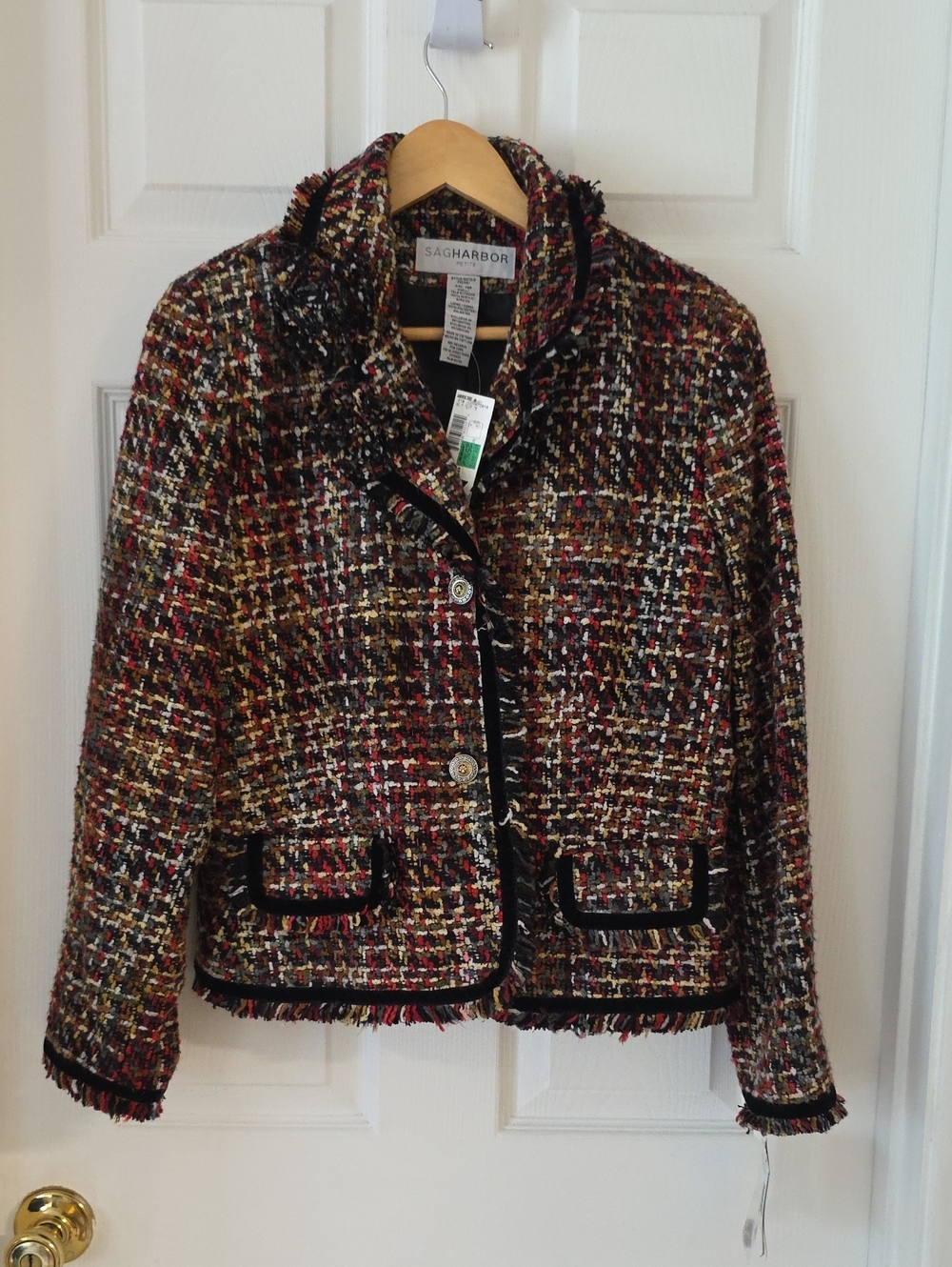 Vtg Sag Harbor Multicolor Tweed Fringe Blazer w/Black Velvet Trim New Petite 14